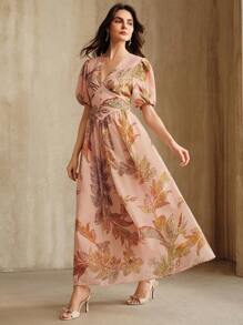 Anewsta Vintage Vacation Style V-Neck Puff Sleeve Fitted Vacation Dress For Ladies - Multicolor - View 5