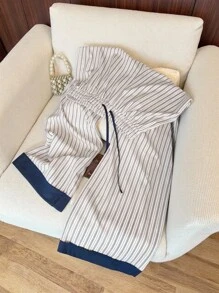 SHEIN Women's Simple Striped Casual Pants, Elastic Waist Straight Leg, Suitable For Everyday, Outdoor, Vacation, Commuting Fall Cloth For Women - Multicolor - View 1