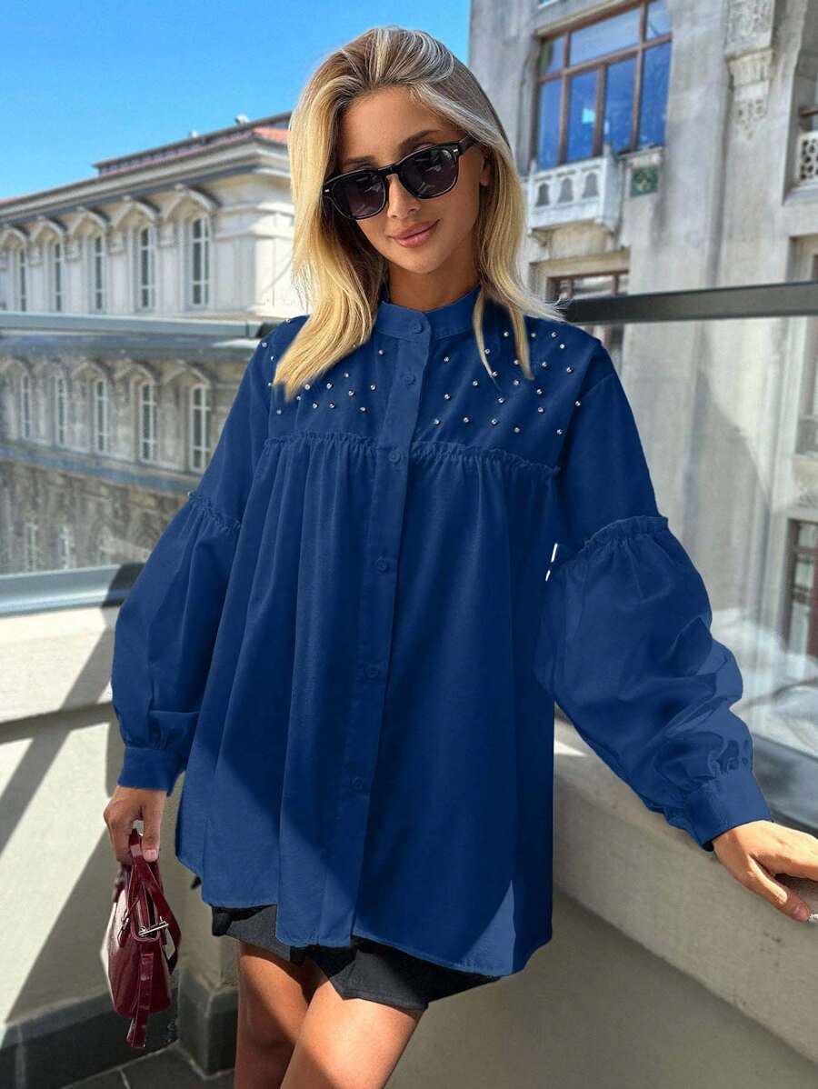 EURMUSE Camisa con cuello alto y mangas de linterna decoradas con diamantes 100% algodón - azul real - Ver 1