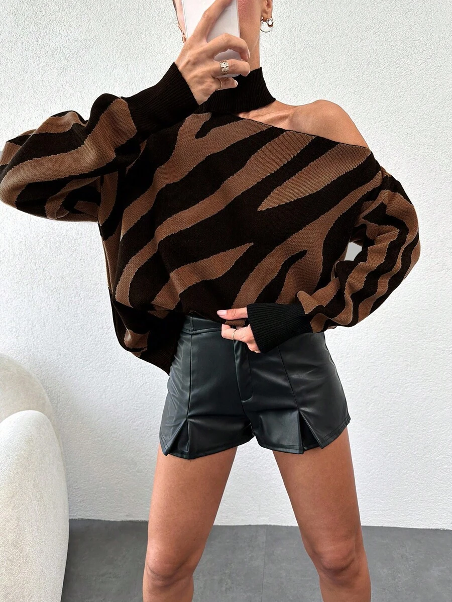 EURMUSE Suéter feminino listrado com gola assimétrica e bloco de cores - Castanho - Ver 1