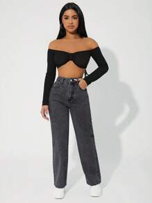 EURMUSE Sold Color Slant Pocket High Waist Straight Leg Jeans - Dark Grey - View 3