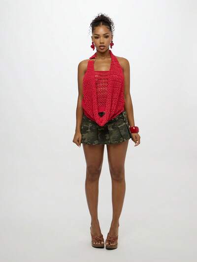 SUMWON WOMEN Top na szydełku, halter, festiwalowy strój plażowy w stylu boho, letni top plażowy z metalowym kółkiem, dzianinowy, wakacyjny, swobodny, imprezowy top