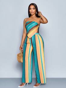 SOLERSUN Women's Spring Summer Vacation Random Graphic Print Asymmetrical Hem Tube Top & Wide-Legged Pants Two Piece Set Beach Outfit - Blue - View 5