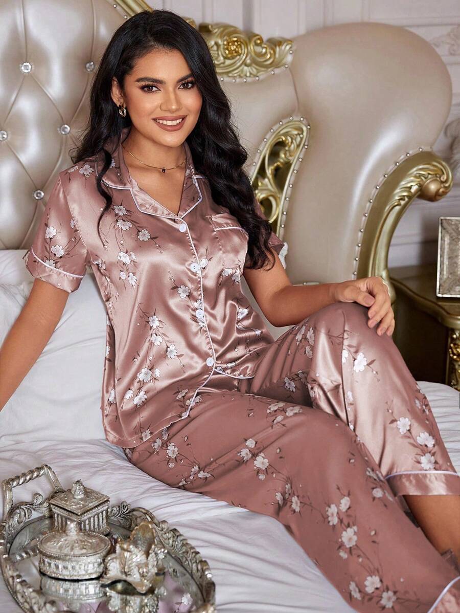 SHEIN 花卉印花撞色饰边仿丝翻领睡衣套装