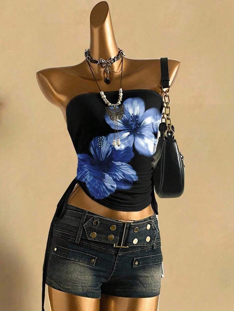 Attitoon Atasan Tube Top Wanita dengan Detail Kerut dan Ikatan di Depan, Motif Bunga, Gaya Liburan Pantai Goth, Cocok untuk Pergi Keluar - MultiWarna - View 1