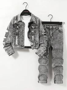 Bộ 2 món cho bé trai tuổi teen, áo khoác dài tay ve rộng màu đen thường ngày và quần jeans denim bó cạp chun có túi lớn, thích hợp mặc hàng ngày - Xám - Xem 1