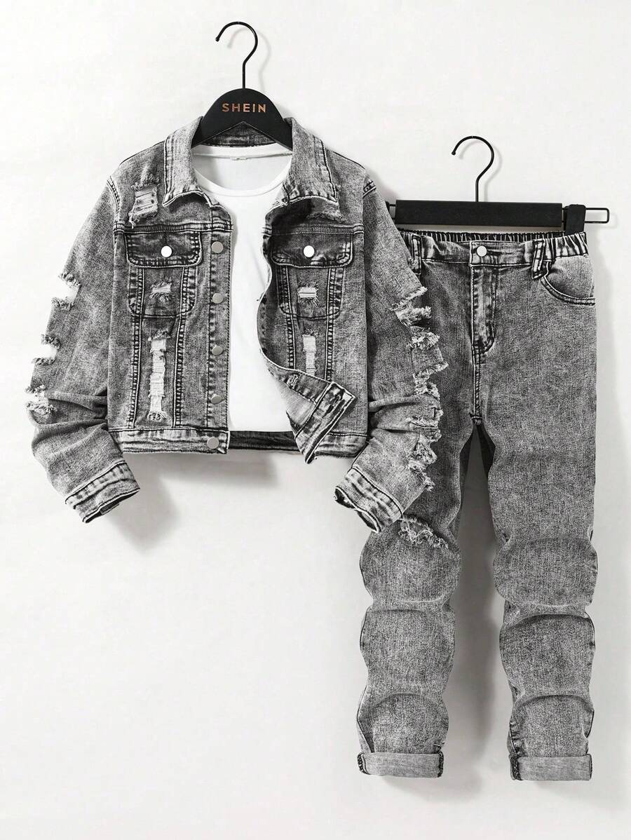 Bộ 2 món cho bé trai tuổi teen, áo khoác dài tay ve rộng màu đen thường ngày và quần jeans denim bó cạp chun có túi lớn, thích hợp mặc hàng ngày - Xám - Xem 1