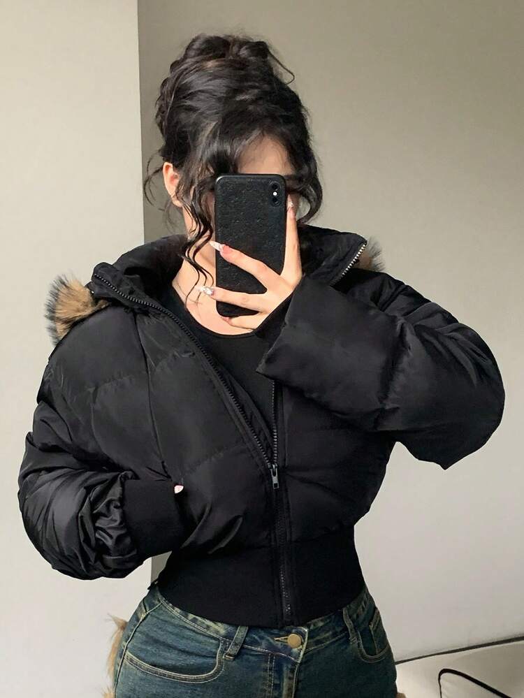 Women's Thick Fleece Color Block Patchwork Short Jacket Hooded, Casual Stylish Fitted Waist Padded Coat, Winter