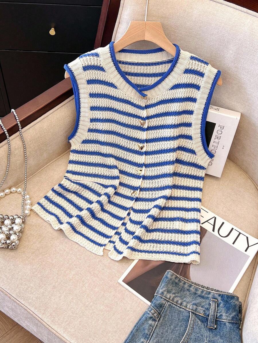 Franclia Cárdigan de punto ceñido sin mangas a rayas de estilo minimalista retro para mujer - Multicolor - Ver 1