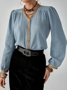 Florisole Boho V-Neck Button-Front Long Sleeve Tie Waist Shirt Casual Spring Fall For Women - Blue - View 4