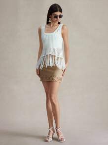 Briarwyn Women's Summer Vacation Solid Color Hollow-Out Knitted Bodycon Skirt,Fall,Back To School,Old Money Style,Teacher,Modest Kawaii Skirt - Gold - View 8