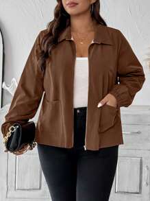 EMERY ROSE Áo khoác dài tay lót nhiệt có khóa kéo phía trước cỡ lớn dành cho nữ, thời trang thu đông, vải dành cho nữ - màu nâu - Xem 3