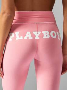 Missguided x Playboy 带标志高腰紧身裤弹力裤休闲家居服完美贴合美观复古瑜伽跑步裤 - 粉色 - 查看 4