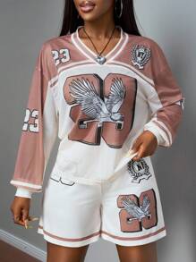 Slaydiva Conjunto de duas peças feminino casual de verão 2025, solto, com 23 letras e estampa de águia, estampa de posicionamento, decote em V, manga curta, camiseta + shorts de cintura alta, adequado para viagens diárias, reunião de amigos, esportes casuais, rua, roupa de brunch, temporada de formatura, conjunto de duas peças com design respirável em malha, conjunto de duas peças para mulheres, conjunto de duas peças para lounge, conjunto de duas peças para mulheres, conjunto de duas peças para lounge Y2K, conjunto de duas peças para basquete, conjunto feminino