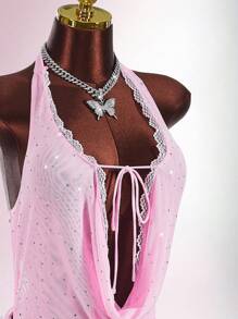 Amplova Sexy Plunging Neck Layered Women Mini Dress - Pink - View 4