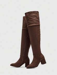 CUCCOO BIZCHIC 棕色粗跟绒面弹力过膝长靴，性感时尚欧美风，秋冬女士 - 棕色 - 查看 6