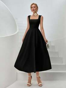 CLARA VERO 女士纯色梭织春夏季度假装长款衬衫裙系带低 V 腰侧开衩蓬蓬裙 - 黑色 - 查看 4