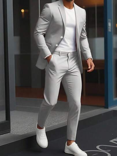 Manfinity Mode Men's Solid Color Lapel Collar Business Formal Suit Blazer & Pants 2 Pieces Set Formal, Ceremony