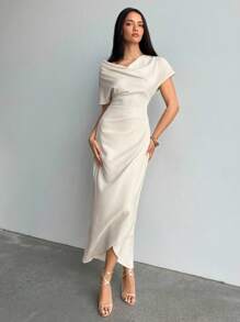 Aloruh Women's Spring/Summer Wrap Draped Neck Ruched Long Dress, Suitable For Commuting, Casual, And Outgoing - Apricot - View 3