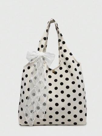 Kawaii Women's Retro Bow & English Slogan Embroidered Bow Decor Large Capacity Tote Bag, Suitable For Shopping And School