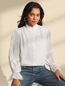 Almamuse Spring/Autumn All White Embroidery Textured, Delicate Floral Trim Elegant Women Long Sleeve Blouse Fall Women Clothes - White - View 3