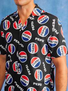 PEPSI X SHEIN 男士夏季休闲字母图案前扣短袖衬衫 - 黑色 - 查看 3