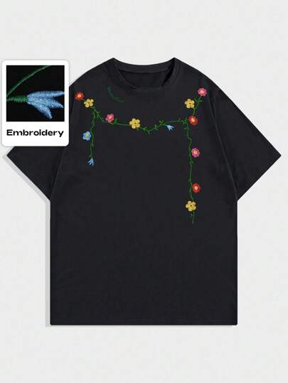 Street Life Camiseta de manga corta casual con bordado de flores para hombre, verano