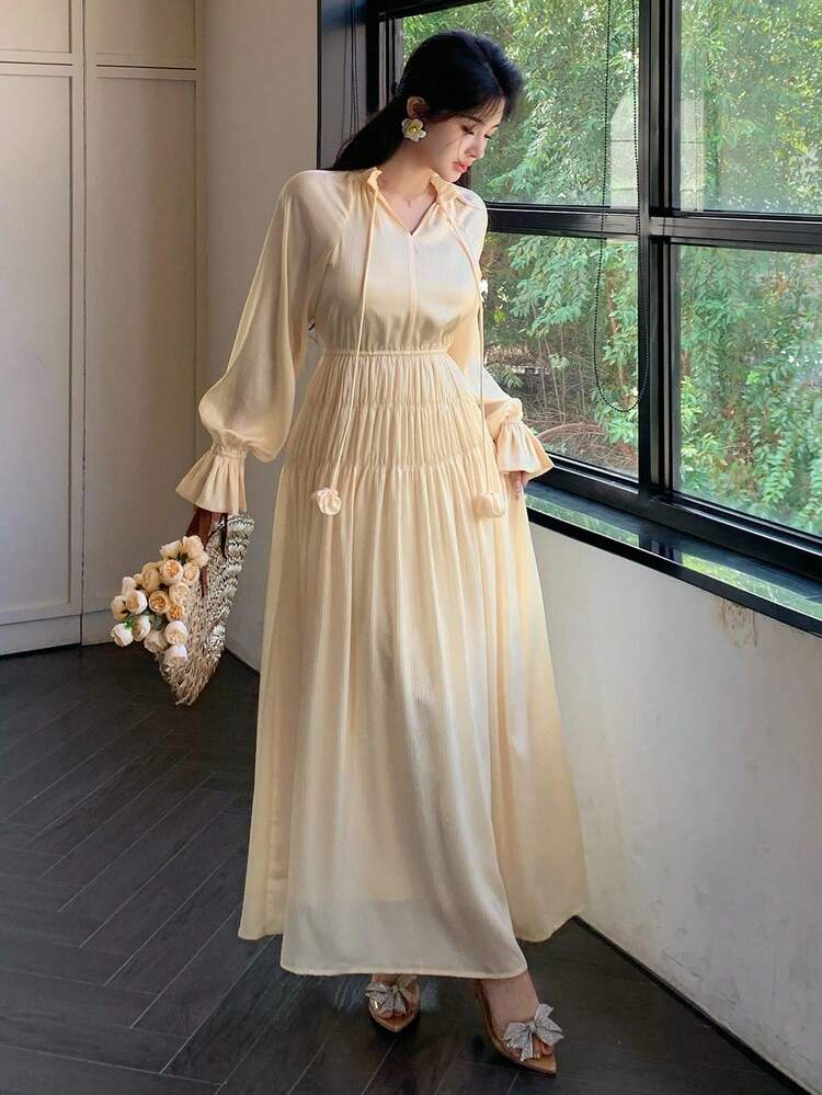 Women's Elegant Long Sleeve Dress With Drawstring, Ruffle Hem Splice, Cinched Waist, Suitable For Casual, Holiday, Wedding Events, Spring/Summer/Autumn