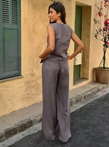 SHEINBlues 2 件女式波西米亚亚麻度假风格服装 - 棕色 - 查看 2