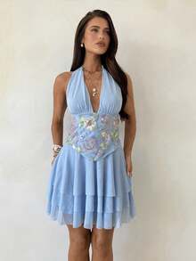 Aloruh 蓝色亮片刺绣腰部拼接浪漫约会连衣裙 - 藍色 - 查看 7