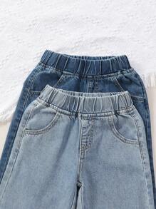 女童 Y2K 休闲松紧腰阔腿浅蓝色和中蓝色水洗宽松牛仔裤 - 彩色 - 查看 4