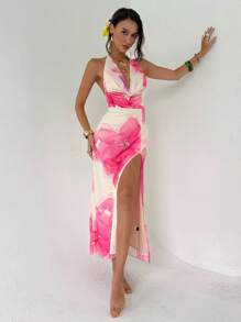 Aloruh Vestido de verano elegante de mujer con estampado floral, abertura alta y espalda descubierta - Rosa - Ver 4