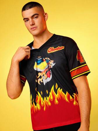 Cheetos X SHEIN Men's Cartoon & Flame Print Casual Short Sleeve T-Shirt