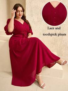 Veilorie Plus Size V-Neck Short Sleeve Casual Waist Cinched Summer Dress - Burgundy - View 8