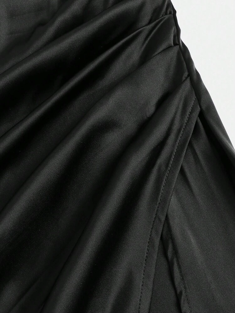 Pitira Pitira Vestido de Dama de Honra Elegante para Festa, Formal, Festa do Baile, Casamento, Graduação, Jantar, com Alça de Espaguete, Recorte Lateral na Coxa, Bainha Plissada em Cetim, para Adolescentes e Jovens - Preto - Visão 9