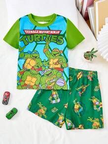 TEENAGE MUTANT NINJA TURTLES | SHEIN Tween Boy Cartoon Pattern Green Casual Short Sleeve T-Shirt And Allover Print Loose Shorts Fire-Retardant Fabric Pajama Set