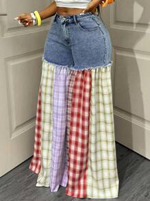 BamGleam Women's Fashion Color Block Plaid Wide Leg Jeans - Multicolor - View 6