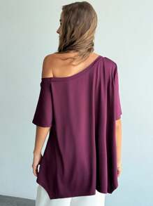Aloruh Women's Solid Color Asymmetrical Neck Casual Loose Short Sleeve T-Shirt, Summer - Purple - View 2