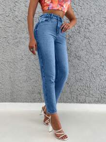 SHEIN Cottnline Jeans Com Corte Ajustado De Cor Sólida Para Mulheres - Lavagem Média - Ver 3