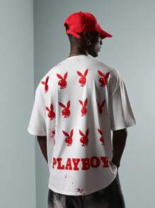 PLAYBOY X SUMWON T-shirt a maniche corte con logo a coniglio, stile giovanile, streetwear, adatta per festival, estate, primavera, casual, per tutte le stagioni, stile urbano - Bianco - Visualizzare 2