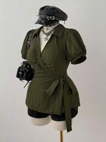 Flirla Plus Size French Design Striped Waist Tie Bow Blouse - Green - View 3