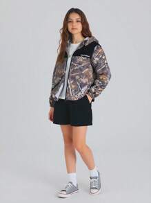 Explorewe 1 件 Tween 女童夹克简约休闲风格和户外迷彩拼布夹克标准连帽版常规厚度适合徒步旅行和短途户外探险春秋夏季时尚迷彩纹理面料柔软舒适 - 彩色 - 查看 7