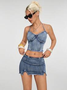 Jeanoix Top in denim con schiena scoperta e collo a canotta per le donne - Blu lavato medio - Visualizzare 7