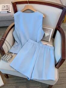 GlowEve CURVE 2pcs/Set Plus Size Casual Plain Color Sleeveless Top And Shorts Set, Suitable For Everyday And Commute - Blue - View 2