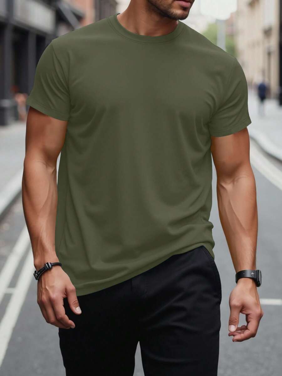 Manfinity Homme Men's Solid Color Round Neck Short Sleeve Casual T-Shirt - Army Green - View 1