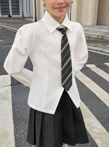青少年女孩纯色优雅长袖开叉衬衫 - 棕色 - 查看 8