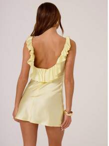 MUSERA 女士夏季缎面荷叶边简约迷你连衣裙，适合度假、春季、浪漫、粉嫩、优雅、可爱，适合伊比沙岛假日、海滩、秋季、夜间外出、约会、生日派对、复活节 - 黃色 - 查看 2