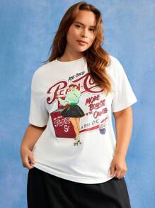 PEPSI X SHEIN 大码夏季休闲字母和肖像图案圆领短袖T恤