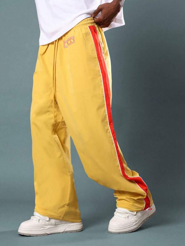 SUMWON Classic Retro Parachute Track Pants Side Stripe Design Casual Wide Leg Vintage Style Streetwear Festival Elastic Waist Loose Fit