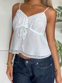 CovetEZ Women's Clothing White Casual Clean Girl Women's White Polka Dot Chiffon Jacquard Front Tie Camisole, Comfortable, Light And Breathable